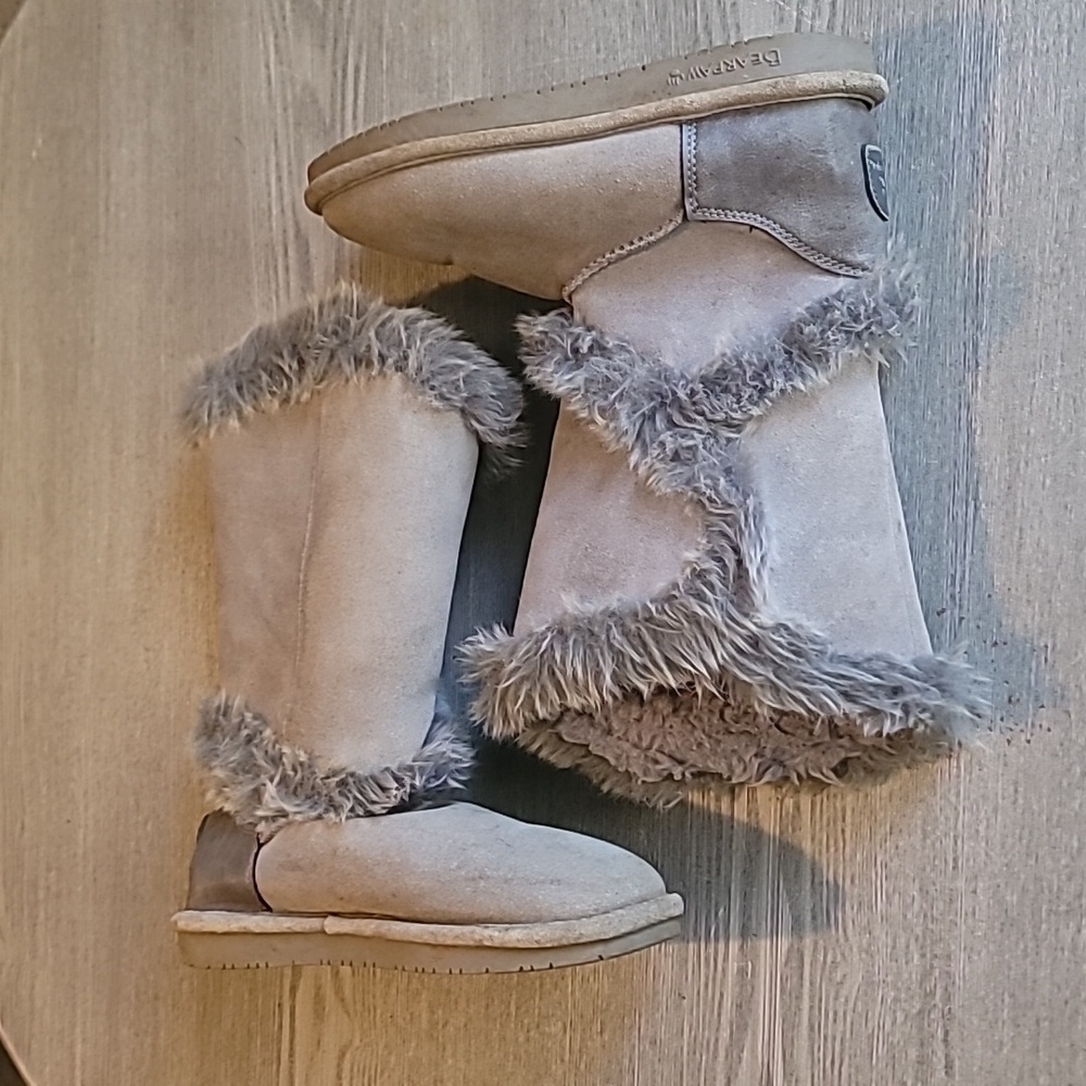 BearPaw Taupe/Grey Fur-Trimmed Boots Size 7